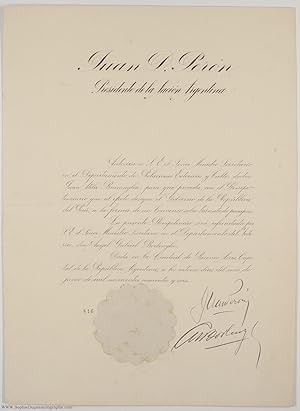 Finely penned document signed, in Spanish with translation, (Juan Domingo, 1895-1974, President o...