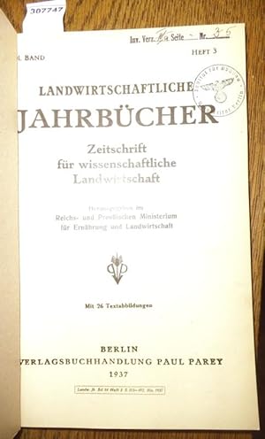 Bild des Verkufers fr Landwirtschaftliche Jahrbcher. Zeitschrift fr wissenschaftliche Landwirtschaft. 84. Band 1937, Heft 3. Inhalt - R.Hbner: Unters. ber Standweite und Ertragsstruktur der Luzerne zur Ermittlung geeigneter Stammesleistungs-Prfungen auf Grnmasse- und Samenertrag. Inst.f.Pflanzenbau Landsberg-Warthe (mit 4 Abb.) / F.E.Nottbohm u. Fr.Mayer: Verf. zur Best. des Bitterstoffes in blauen Lupinen. Hygien.Staatsinst.Hamburg / Bruno Hlsmann: Einfl. der Vermehrung durch Kopf- und Achselstecklinge auf den Schnittblumenertrag von Edelnelken. Inst.f.grtner.Pflanzenbau d. Univ.Berlin ( mit 2 Abb.) / K.Witte: Erdtopfvorkultur als Mittel zur Vorverlegung der Frhgemseernten. Inst.f.Pflanzenbau d.Univ.Bonn (mit 7 Abb.) / Baumann,Hans: Land- und volkswirtsch. Bedeutung von Drrejahren im dt. Anbaugebiet, krit. unters. auf Grund des Witterungsverlaufes im 20. Jahrhdt. Preisarbeit der landw.Fak.d.Univ. Berlin / Ilse Welsch: Massenverbreitung der Pflaumenschildlaus (Eulecanium corni "Bouch" March.) un zum Verkauf von Antiquariat Carl Wegner