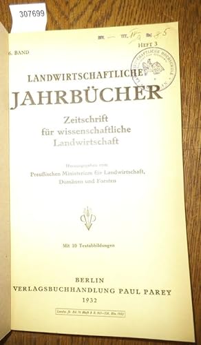 Image du vendeur pour Landwirtschaftliche Jahrbcher. Zeitschrift fr wissenschaftliche Landwirtschaft. 76. Band 1932, Heft 3. Inhalt - A.Knekamp u. U.Lehmann: Die wiesen und Weiden an der mittleren und unteren Oder im Abschnitt Frankfurt-Stettin. Inst. f. Grnlandwirtsch. Landsberg -Warthe. (mit 10 Textabb.)/ Lechtape-Grter: Abschtzung von Inventar und Feldinventar in landw. Betrieben unter bes. Bercks. der preu. Staatsdomnen / K.Nehring, W. Zielstorff u. w. Schmidt: Einwirkung versch. Jodgaben auf die Ertrge, Zusammensetzung und Verdaulichkeit von Wiesengras. Agrikultur. chem. Inst. der Univ. Knigsberg. mis en vente par Antiquariat Carl Wegner