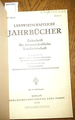 Imagen del vendedor de Landwirtschaftliche Jahrbcher. Zeitschrift fr wissenschaftliche Landwirtschaft. 85. Band 1938, Heft 4. Inhalt - Arthur Lange: Unters. ber den Wachstumsfaktor Wasser (mit 10 Abb.) / H.Niklas, W.Schropp u. K.Scharrer: Feldversuche mit versch. Stickstoffdngemitteln. Agrikulturchem.Inst. Weihenstephan (mit 1 Abb.) / Heinrich Leopold: Desaminierende Enzyme der Hefe. Inst. cf.chem.Technologie Brnn (mit 1 Abb.) / P.Dermanis: Forsch. ber die chem. Zusammensetzung der Gerste in Abhngigkeit von deren Sorte und den Wachstumsverhltnissen. Lehrkanzel f.Pflanzenbau d. Univ.Lettland (mit 15 Abb.) / H.F.Krallinger u. B. Newrzella: Zur Zuchtwahlmethode i.d. Schweinezucht 1.Teil - Schtzung der nichterbl. Einflsse auf die Gewichtsentwicklung. Tierzuchtanst. in Kraftborn u. Abtlg.f.angew.Vererbungswiss.d. Univ. Breslau (mit 5 Abb.) / H.F.Krallinger: Zuchtwahlmethodik i.d.Schweinezucht 2.Teil - Darst. von Nachkommengewichten als Ergebn. bestimmter Paarungen (mit 3 Abb.) / K.Richter, H.Brggemann a la venta por Antiquariat Carl Wegner