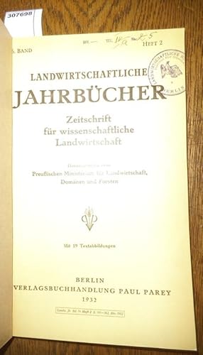 Bild des Verkufers fr Landwirtschaftliche Jahrbcher. Zeitschrift fr wissenschaftliche Landwirtschaft. 76. Band 1932, Heft 2. Inhalt - E. Lowig: ber den Einflu der Kalisalz-Anionen auf das Myzelwachstum von Aspergillus niger. Inst. f.Pflanzenbaulehre d. Landw.Hochsch. Bonn-Poppelsdorf (mit 11 Textabb.) / Otto Ziegler: Bedeutung der Umweltfaktoren fr die einzelnen Ertragskomponenten des Einzelpflanzen- und Flchenertrags mit bes. Bercks. der Saatgutqualitt. Bayer. Landessaatzuchtanst. (mit 1 Textabb.)/ Kurt Ritter: Entwicklung der Viehhaltung in Nordamerika / K.Ihle u. W.Stollenwerk: Vergl. Unters. zur Kalibest. in Bden nach der Keimpflanzen- und Aspergillmethode. Versuchsanst. Bonn / H. Jrgens: Weidestreckung durch Trockenschnitzelbeiftterung. Inst. f. Pflanzenbaulehre Bonn-Poppelsdorf (mit 5 Textabb.) / W. Heuser: Wintergetreideversuche in Ostdtld. zur Frage der Umstellung im Getreidebau ( mit 2 Textabb.). zum Verkauf von Antiquariat Carl Wegner