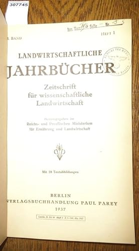 Imagen del vendedor de Landwirtschaftliche Jahrbcher. Zeitschrift fr wissenschaftliche Landwirtschaft. 84. Band, 1937, Heft 1. Inhalt - Bockholt, K.: Die dt. Getreideertrge. Inst.f.Ackerbau d.Univ.Berlin (mit 2 Textabb.) / Fritz Werr: Verfahren zur serienmigen Bestimm. des Eiwei im Getreide. Forsch.inst. Klein-Wanzleben, Zuckerfabrik Klein-Wanzleben -vorm. Rabbethge & Giesecke A.-G. (mit 9 Textabb.) / A. Knekamp u. H.Unglaub: Die Einsuerung von Grnfutter in Prestrohbehlter. Inst.f.Grnlandwirtschaft Landsberg-Warthe (mit 5 Textabb.) / V.Horn, E.Mhl u. K.Jungermann: Einfl. des Grfutters auf die Milchleistung und Butterbeschaffenheit bei teilw. u. vollst. Kraftfutterersatz im Vergl. zur Trockenftterung und Weidehaltung. Inst.f.Agrikulturchemie d. Univ. Gieen / Fr. Brne u. C. Husemann: Feldversuche zur Frage nach der prakt. Bedeutung der Kuhlerde-Melioration in den Nordseemarschen. Moor-Versuchsstat. in Bremen ( mit 2 Textabb.). a la venta por Antiquariat Carl Wegner