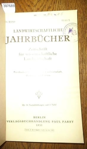 Image du vendeur pour Landwirtschaftliche Jahrbcher. Zeitschrift fr wissenschaftliche Landwirtschaft. 74. Band 1931, Heft 5. Inhalt - Emanuel Hugo Vogel: Der Agrarkredit als intern. Problem / H.F. Krallinger u. M. Chodziesner: Studie ber die Kokzidienresistenz der Faverolle-Leghornkreuzungen. Inst. f. Tierzucht Tschechnitz ( mit 11 Textabb.) / A.J. Achromeiko: Beitrag zum Studium der Bodenermdung. Inst. f. Dngungswesen, Moskau / Erich Khler: Der Kartoffelkrebs und sein Erreger (Synchytrium endobioticum, Schilb., Perc.). Biolog. Reichsanst. f. Landw., Berlin-Dahlem (mit 3 Textabb. und 1 Taf.)/ E. Klapp: Wiesen und Wiesenpflanzen in Mitteldtld. Forsch.stelle f. Grnland, Univ. Jena). mis en vente par Antiquariat Carl Wegner