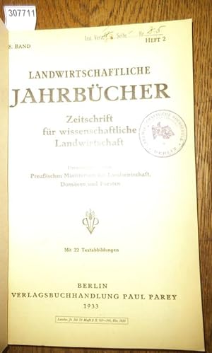 Imagen del vendedor de Landwirtschaftliche Jahrbcher. Zeitschrift fr wissenschaftliche Landwirtschaft. 78. Band 1933, Heft 2. Inhalt - G.Ruschmann: Vergl. Unters. ber das Defu- und das Penthesta-Verfahren bei der Einsuerung von Grnfutter. Forsch.stelle f. landw. Grungen Berlin / H.Niklas, K.Scharrer u. W.Schropp: Vegetationsversuche mit Magnesiumphosphat auf versch. Bodenarten (mit 18 Textabb) / Hans Steiner: Beitrag zur Frage der berwinterung von Puccinia triticana Erikks. und Pucinia dispersa Erikss. und Beobachtungen ber die Entwicklung dieser Roste auf ihren Wirtspflanzen. Lehrkanzel f. Phytopathologie Wien (mit 1 Textabb.) / Prof. Engberding: Verwertung der wirtschaftseigenen Futtermittel und ihre Bedeutung f.d. Betriebsorganisation / F.Berkner: Ursachen des Kartoffelschorfes und Wege zu seiner Bekmpfung. Inst. f. Pflanzenbau d. Univ. Breslau (mit 3 Textabb.). a la venta por Antiquariat Carl Wegner