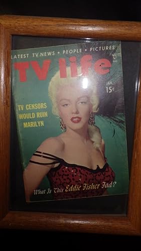 Image du vendeur pour TV Life Magazine January 1954 Marilyn Monroe on Cover in Red Sequin Dress with Black Strap Off Shoulder & Long Earrings & Long Blonde Hair, TV Censors Would Ruin Marilyn, What is This Eddie Fisher Fad?Article on Wally Cox , MAGAZINE isin SmallWoodenFrame mis en vente par Bluff Park Rare Books