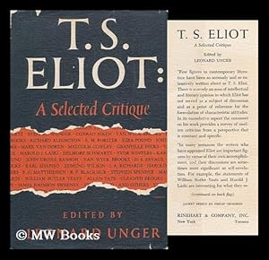 Seller image for T. S. Eliot; a Selected Critique for sale by MW Books