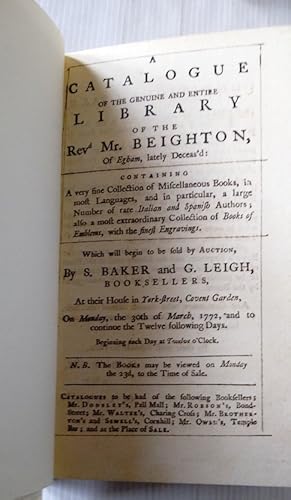 A Catalogue of the genuine and entire Library of the Rev. Mr. Beighton.