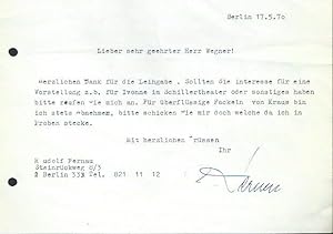 Bild des Verkufers fr 1 maschinenschriftlicher Brief Fernaus mit Dank fr eine Leihgabe des Antiquariats vom 17. 5. 1970, Einladung zu einer Auffhrung und Bitte um Angebote. Handschriftlich gezeichnet. zum Verkauf von Antiquariat Carl Wegner