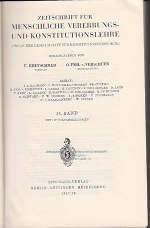 Imagen del vendedor de Vierunddreiigster (34.) Band 1957/1958, komplett mit den Heften 1-6. Zeitschrift fr Menschliche Vererbungs- und Konstitutionslehre. Als Organ der Gesellschaft fr Konstitutionsforschung herausgegeben von E. Kretschmer und O. Frhr. V. Verschuer. Bis 1944 (Band 28): Zeitschrift fr Menschliche Vererbungs- und Konstitutionslehre. Hrsgg. Von G. Just und K.H. Bauer. / Bis 1934 (Band 18): Zeitschrift fr Konstitutionslehre. Reihentitel: Zeitschrift fr die gesamte Anatomie hrsgg. Von Julius Tandler, F. Chvostek, H. Braus, E. Kallius und F. Martius. / Bis 1921 (Band 7): Zeitschrift fr angewandte Anatomie und Konstitutionslehre herausgegeben von J. Tandler, A. Frhr. Von Eiselsberg, A. Kolisko und F.Martius. a la venta por Antiquariat Carl Wegner