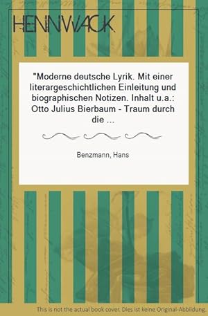 Imagen del vendedor de Moderne deutsche Lyrik. Mit einer literargeschichtlichen Einleitung und biographischen Notizen. Inhalt u.a.: Otto Julius Bierbaum - Traum durch die Dmmerung; Karl Bleibtreu - Kosmische Lieder; Karl Engelhard - Unsere Stunde; Otto Ernst - Ltt Jan; Otto Frommel - Die Regenfrau; Hermann Hesse - Gestndnis, Hafen von Livorno; Karl Hauptmann - Ein Gefangener bin ich; Timm Krger - Mittagszauber; Rainer Maria Rilke - Bodensee; uvm. a la venta por HENNWACK - Berlins grtes Antiquariat