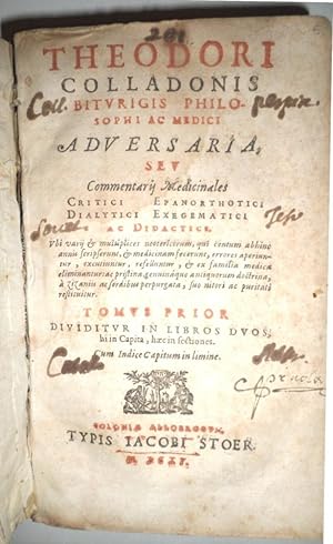 Imagen del vendedor de Adversaria, sev Commentaris Medicinales. Critici. Epanorthotici. Dialytici. Exagematici. Ac Didactici. a la venta por Librera Anticuaria Antonio Mateos