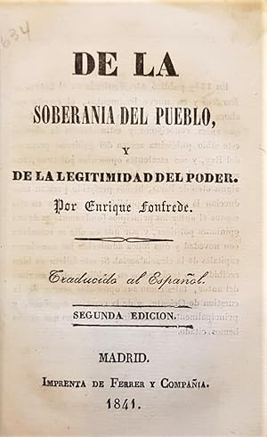 Imagen del vendedor de De la soberana del pueblo, y de la legitimidad del poder. a la venta por Librera Anticuaria Antonio Mateos