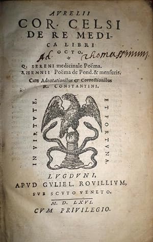 Bild des Verkufers fr De Re Medica. Libri Octo. Q. Sereni medicinale Poma. Rhemnii Poma de Pond.& mensuris. Cum Adnotationibus & Correctionibus R. Constantini. zum Verkauf von Librera Anticuaria Antonio Mateos