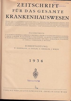 Imagen del vendedor de Zeitschrift fr das gesamte Krankenhauswesen. Organ der Fachvereinigung der Leitenden Verwaltungsbeamten von Krankenanstalten und des Reichsverbandes der Freien Gemeinntzigen Kranken- und Pflegeanstalten Deutschlands. Jahrgang 1934 komplett. Enthalten sind die Hefte 1 (9. Januar 1934) bis 26 (25. Dezember 1934). // (Fortsetzung der Zeitschrift fr Krankenanstalten). Organ des Gutachterausschusses fr das ffentliche Krankenhauswesen, der Vereinigung der leitenden Verwaltungsbeamten von Krankenanstalten und des Reichsverbandes der privaten gemeinntzigen Kranken- und Pflegeanstalten Deutschlands. a la venta por Antiquariat Carl Wegner