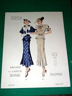 Image du vendeur pour Gravure de mode en couleurs de 1935 reprsentant deux modles de robes de la Maison Philippe & Gaston. mis en vente par JOIE DE LIRE