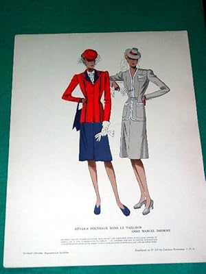 Image du vendeur pour Gravure de mode en couleurs des annes 40 reprsentant des modles de tailleurs de chez Marcel Dhorme mis en vente par JOIE DE LIRE