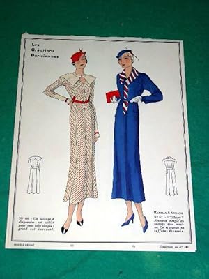 Image du vendeur pour Gravure de mode en couleurs de 1933 reprsentant deux modles de robes Martial & Armand mis en vente par JOIE DE LIRE