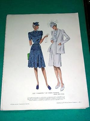 Image du vendeur pour Gravure de mode en couleurs des annes 40 reprsentant des modles de Combins en crpe imprim chez Bruyre mis en vente par JOIE DE LIRE