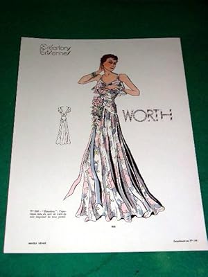 Image du vendeur pour Gravure de mode en couleurs de 1935 reprsentant un modle de robe de la Maison Worth mis en vente par JOIE DE LIRE