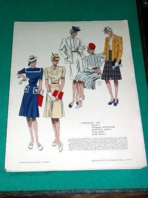 Image du vendeur pour Gravure de mode en couleurs des annes 40 intitule "Campagne" par prusac, Charles Montaigne, Marcelle Tizeau, Nina Ricci et jane Regy. mis en vente par JOIE DE LIRE