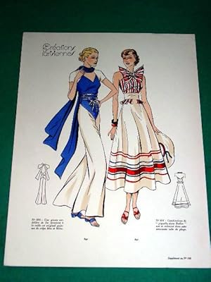 Gravure de mode en couleurs de 1935 représentant un modèle en: robe de plage et un autre en pyjama.