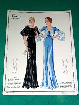 Bild des Verkufers fr Gravure de mode en couleurs de 1933 reprsentant deux modles de robes de la Maison Francis zum Verkauf von JOIE DE LIRE