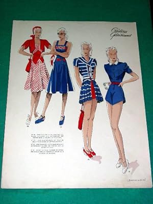 Bild des Verkufers fr Gravure de mode en couleurs des annes 40 reprsentant des modles de robes de plage zum Verkauf von JOIE DE LIRE