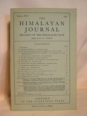 Bild des Verkufers fr THE HIMALAYAN JOURNAL; RECORDS OF THE HIMALAYAN CLUB, VOL. XVII, 1952 zum Verkauf von Robert Gavora, Fine & Rare Books, ABAA