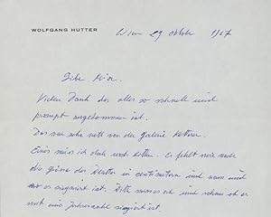 Eigenh. Brief m.U. "Wolfgang". Wien 29.10.1967. 1 S. 4°. Gedruckter Briefkopf, mit Kuvert.
