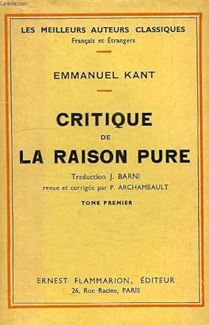 Seller image for CRITIQUE DE LA RAISON PURE, TOME I for sale by Le-Livre