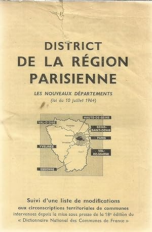District de la Région Parisienne - Les nouveaux départements (loi du 10 juillet 1964)