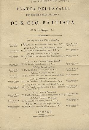 Tratta dei cavalli per correre alla bandiera di S. Gio. Battista il dì 24 Giugno 1823.