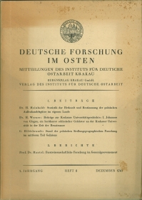 Imagen del vendedor de Deutsche Forschung im Osten. Mitteilungen des Instituts fr deutsche Ostarbeit Krakau. 1. Jg., Heft 8, Dezember 1941. a la venta por Antiquariat Weinek