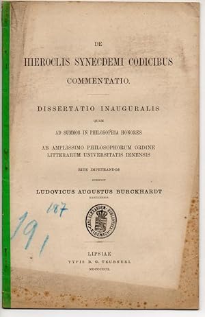 Seller image for De Hieroclis synecdemi codicibus commentatio. Dissertation. for sale by Wissenschaftliches Antiquariat Kln Dr. Sebastian Peters UG