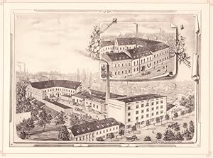 Imagen del vendedor de MEERANE: Mechanische Weberei Straff & Sohn aus der Sammlung von Ansichten der Betriebe der schsischen Groindustrie aus der Vogelperspektive. Lichtdruck nach Vorzeichnungen verschiedener Knstler bei Eckert & Pflug in Leipzig, 1892.; umgeben von ornamentaler Bordre. Reine Bildgre ca. 16 x 20 cm. Blattgre je ca. 28 x 34 cm. a la venta por Carl Adler's Buch- und Graphikkabinett