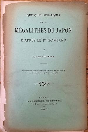 Seller image for Quelques Remarques sur les Megalithes du Japon D'Apres Le Pr. Gowland for sale by Arthur Probsthain