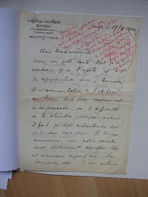 Eigenh. Brief m. Unterschrift "Albert H.Rausch". auf Briefpapier d. Hotel Hofer, Basel mit dessen...