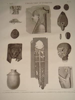 Bild des Verkufers fr DESCRIPTION DE L'EGYPTE. Collection d'antiques. Fragments de bas-reliefs, Amulettes en forme de scarabe et autres, Lampes et vase, Masque et tte en bois, Tunique. (ANTIQUITES, volume V, planche 73) zum Verkauf von Librairie Le Feu Follet