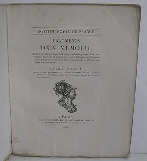 Seller image for Fragments d'un mmoire sur le temps durant lequel les jeunes animaux peuvent tre, sans danger, privs de la respiration, soit  l'poque de l'accouchement, lorsqu'ils n'ont point encore respire, soit  diffrents ges aprs leur naissance. FIRST EDITION. ORIGINAL WRAPPERS. for sale by Scientia Books, ABAA ILAB