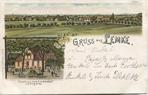 Gruß aus Lemke. Gasthof zum Lindenhof v. C. Engelke. Beschrieben u. gelaufen 15.6.1899. Ecken etw...