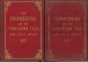 Bild des Verkufers fr Zur Erinnerung an die Froelichen Tage von 5. bis 14. August 1877". [Beinhaltet:] Ad 1, Schumann, Robert: Schumann-Album. Liederkreis (A Bouquet of Songs), Frauenliebe & Leben (Woman's Love and Life), Dichterliebe (Poet's Love). Op. 39, 42 u. 48. - Ad 2, Schubert, Franz: Schubert-Album. Sammlung smmtlicher Lieder fr eine Singstimme mit Klavierbegleitung. (Bd. II. N. 81-155). zum Verkauf von Antiquariat Weinek