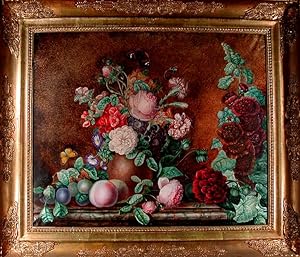 A still-life of flowers in an unglazed earthenware pot, fruit and flowers strewn on the ledge aro...