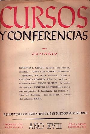 Imagen del vendedor de CURSOS Y CONFERENCIAS - Nros. 208, 209, 210 - Ao XVIII. Julio - agosto - setiembre 1949. (Hawthorne por Jorge Luis Borges) a la venta por Buenos Aires Libros