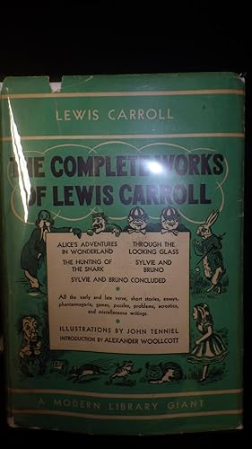 Imagen del vendedor de Complete Works of Lewis Carroll , STATED 1ST Modern Library EDITION, 1936 on copyright pg, 245 Titles Back DJ & $1.10 Inner DJ Flap, #G28 in Green & B/W Dustjacket with Various Characters surrounding a Listing of Titles in White Box a la venta por Bluff Park Rare Books