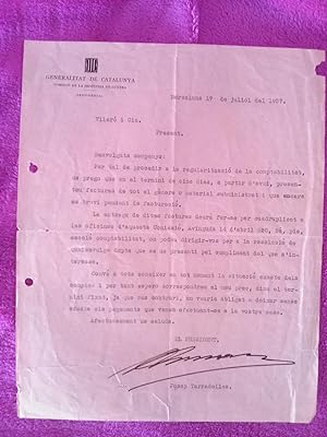 DOCUMENT DE LA GENERALITAT DE CATALUNYA D'EN JOSEP TARRADELLAS, SIGNAT 1937
