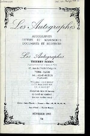 Seller image for CATALOGUE DE VENTES AUX ENCHERES - LES AUTOGRPAHES AUTOGRAPHES LETTRES ET MANUSCRITS DOCUMENTS ET SOUVENIRS - FEVRIER 1993 N54. for sale by Le-Livre