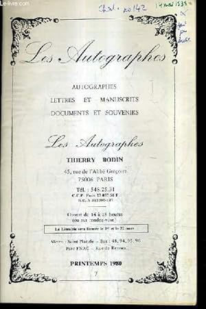 Seller image for CATALOGUE DE VENTES AUX ENCHERES - LES AUTOGRAPHES AUTOGRAPHES LETTRES ET MANUSCRITS DOCUMENTS ET SOUVENIRS - PRINTEMPS 1980 N7. for sale by Le-Livre