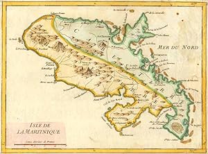 Isle de Martinique Handkolorierte Original-Kupferstich-Karte von R. Bonne, um 1780.