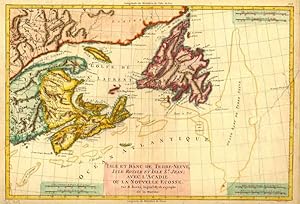 Bild des Verkufers fr Isle et banc de Terre-Neuve, Isle Royale et Isle St Jean; avec l'Acadie ou la Nouvelle Ecosse Kolorierte Original-Kupferstichkarte, um 1770. zum Verkauf von Antiquariat Kurt Lammek