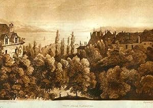 View from Lausanne Switzerland Original-Aquatinta in Braun von Turner/ Dennis, um 1820.